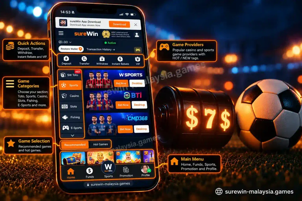 SureWin sports betting and online casino promo banner featuring football and slots