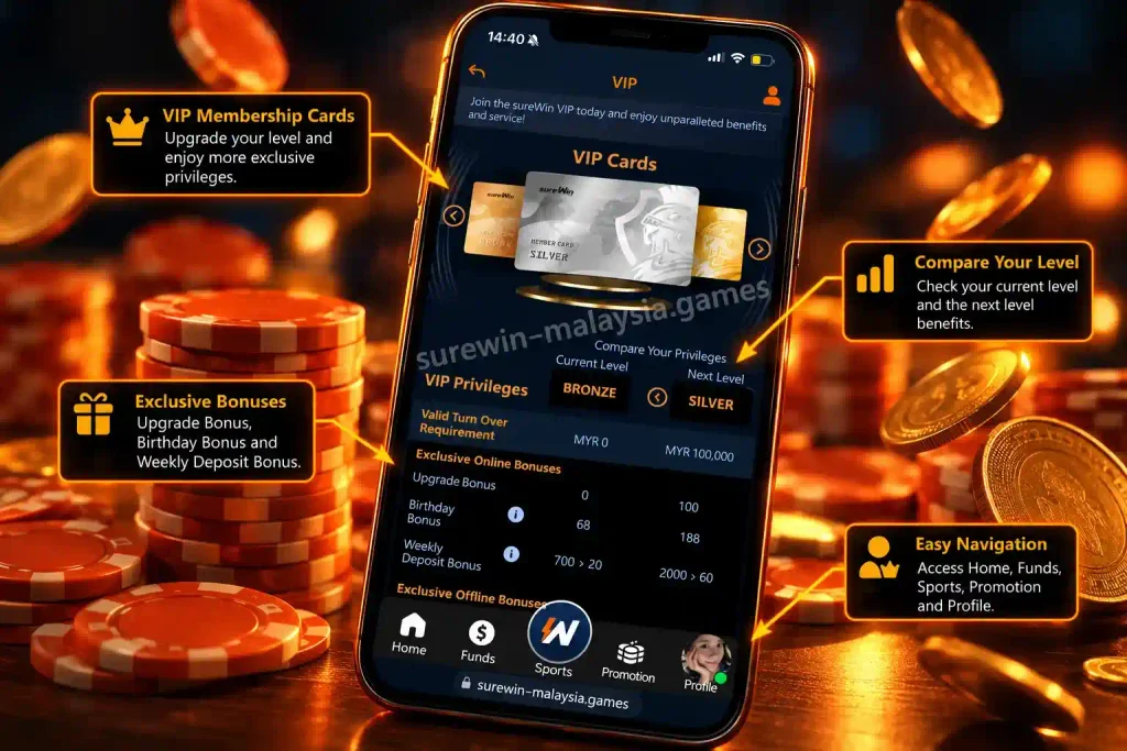 SureWin Malaysia VIP membership levels, bonus privileges, and promo codes overview on smartphone